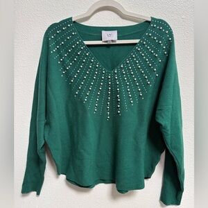 Green V-Neck Sweater with Pearl Embellishments Liv Milano Medium